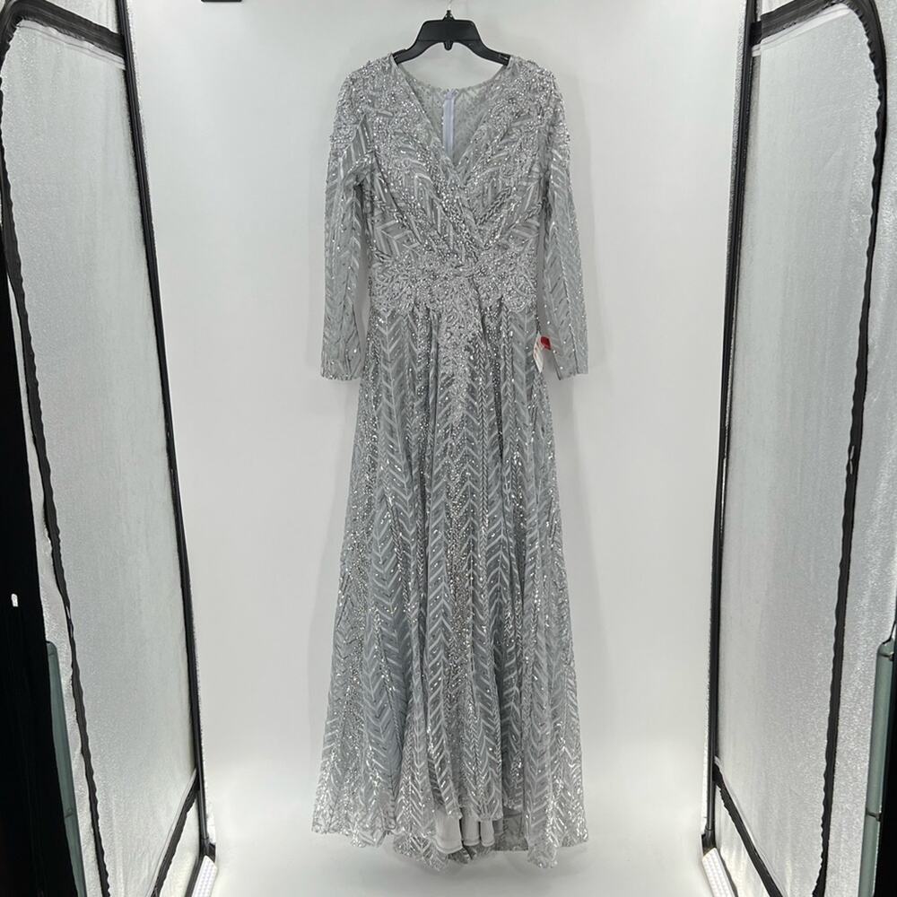 Mac Duggal 20189 Silver Embellished Illusion Long Sleeve Wrap Over A Line Gown - Picture 2 of 14